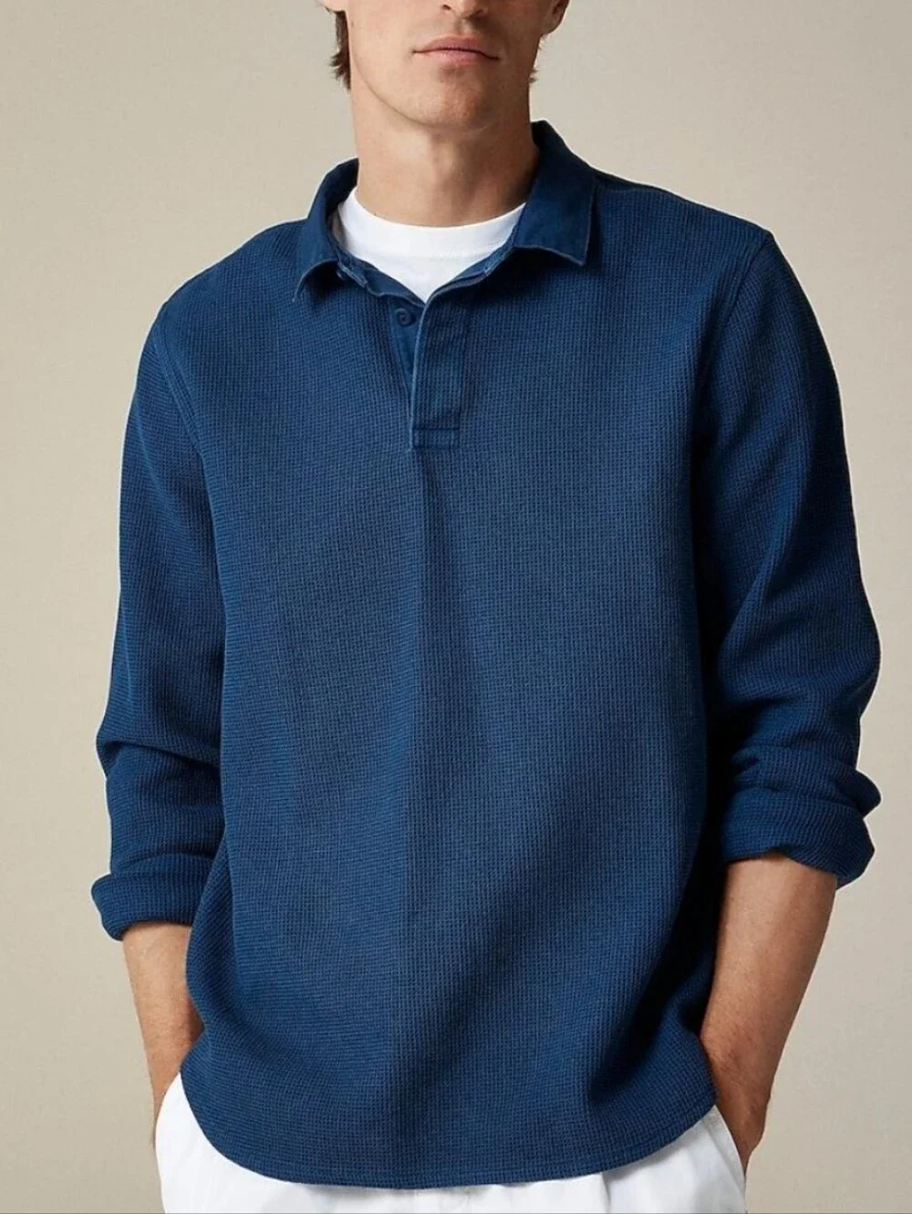 $138 J.Crew Men waffle knit rugby shirt Navy blue long sleeve polo shirt size L